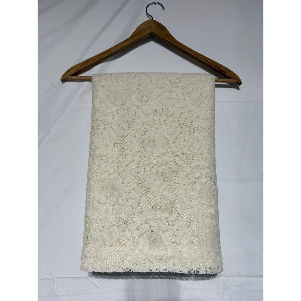 VTG Lace Curtain Ivory Floral Victorian Bells Ecru 66x68” Pocket Rod